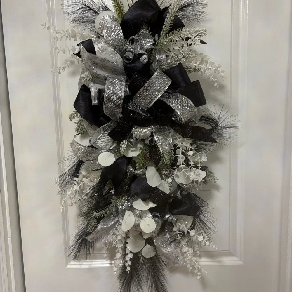 Elegant Black and Silver Holiday Door Swag - Picture 5 of 6